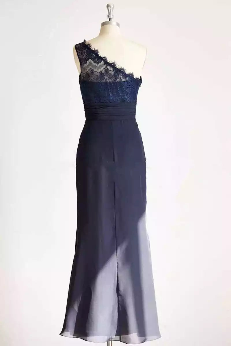 Luxe Navy Chiffon Gown with One-Shoulder Lace Bodice