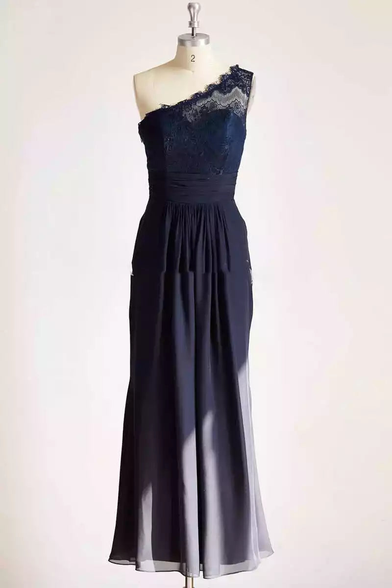 Luxe Navy Chiffon Gown with One-Shoulder Lace Bodice