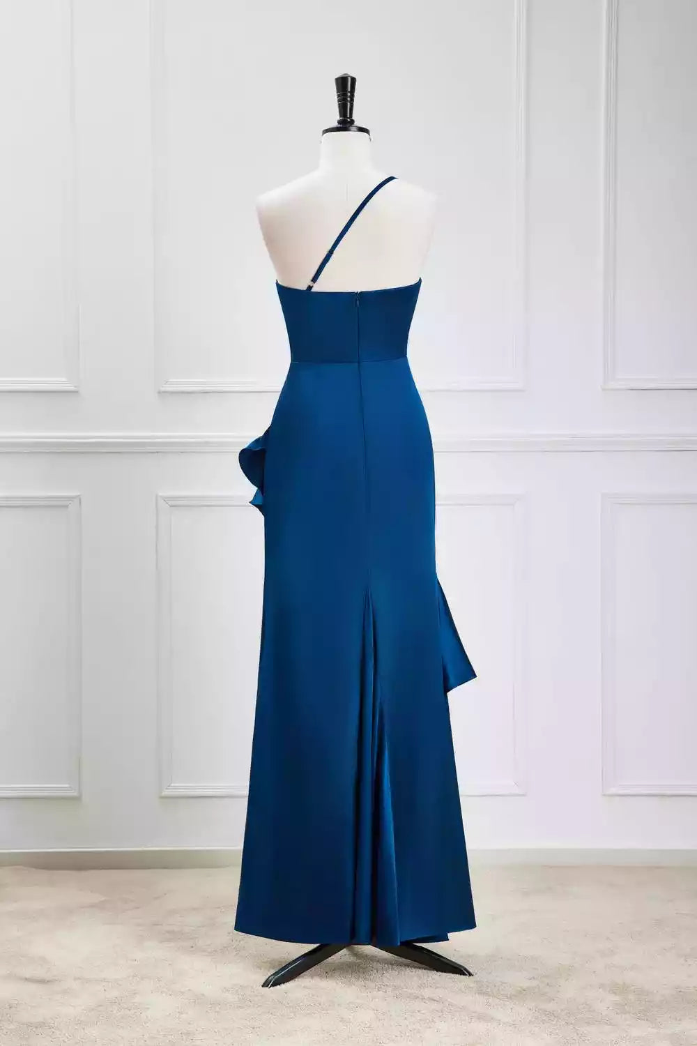 Luxe Navy Satin Gown with One-Shoulder Strap & Asymmetrical Ruffled Hi-Lo Hem