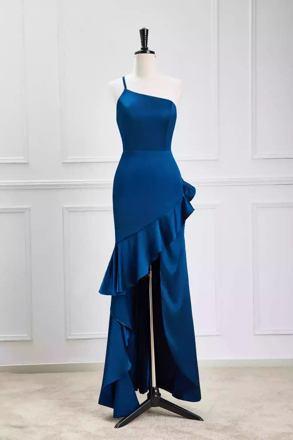 Luxe Navy Satin Gown with One-Shoulder Strap & Asymmetrical Ruffled Hi-Lo Hem