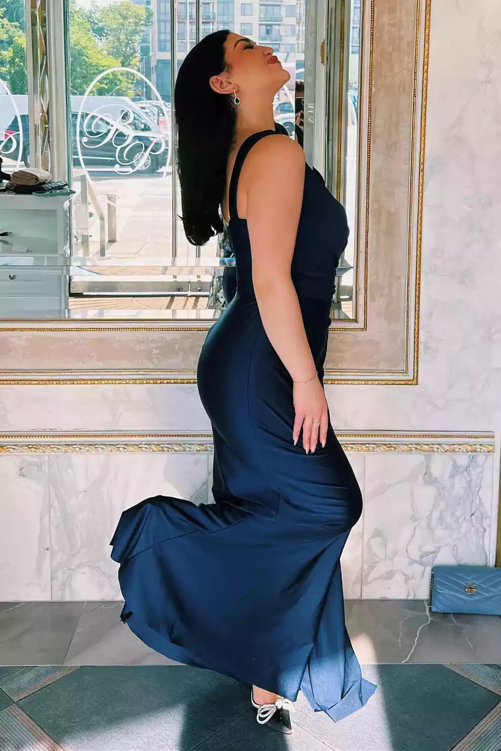 Luxe Navy Satin Mermaid Gown with Asymmetrical Neckline & Draped Detail
