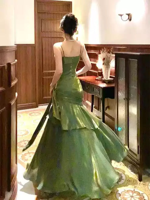 Luxe Olive Green Satin Gown with Spaghetti Straps & Mermaid Ruffle Overlay