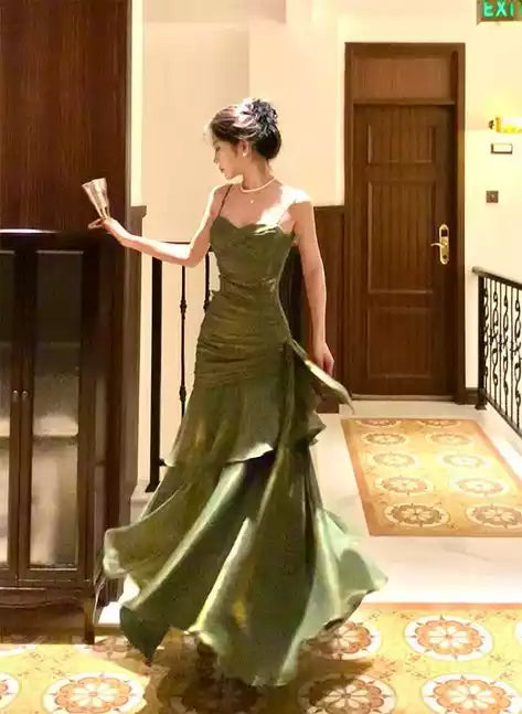 Luxe Olive Green Satin Gown with Spaghetti Straps & Mermaid Ruffle Overlay