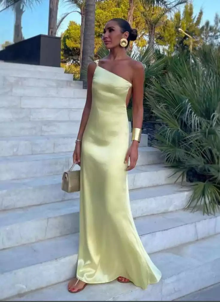Luxe Pale Yellow Satin Gown with One-Shoulder & Open Back Tie Detail