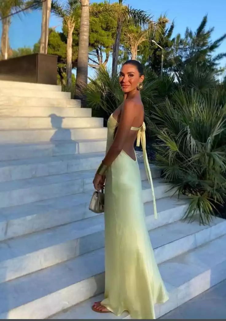 Luxe Pale Yellow Satin Gown with One-Shoulder & Open Back Tie Detail