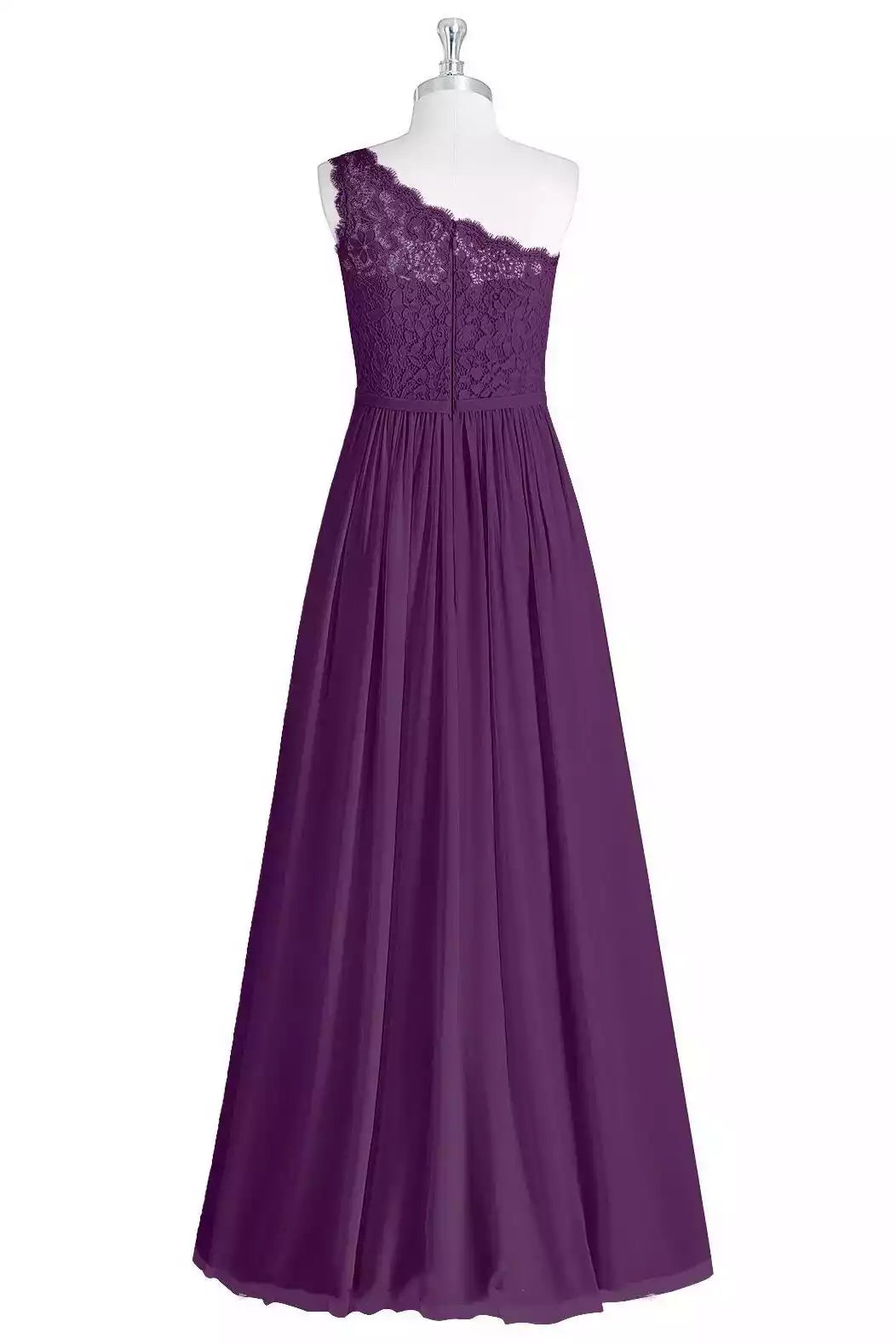 Luxe Plum Chiffon Gown with One-Shoulder Lace Bodice