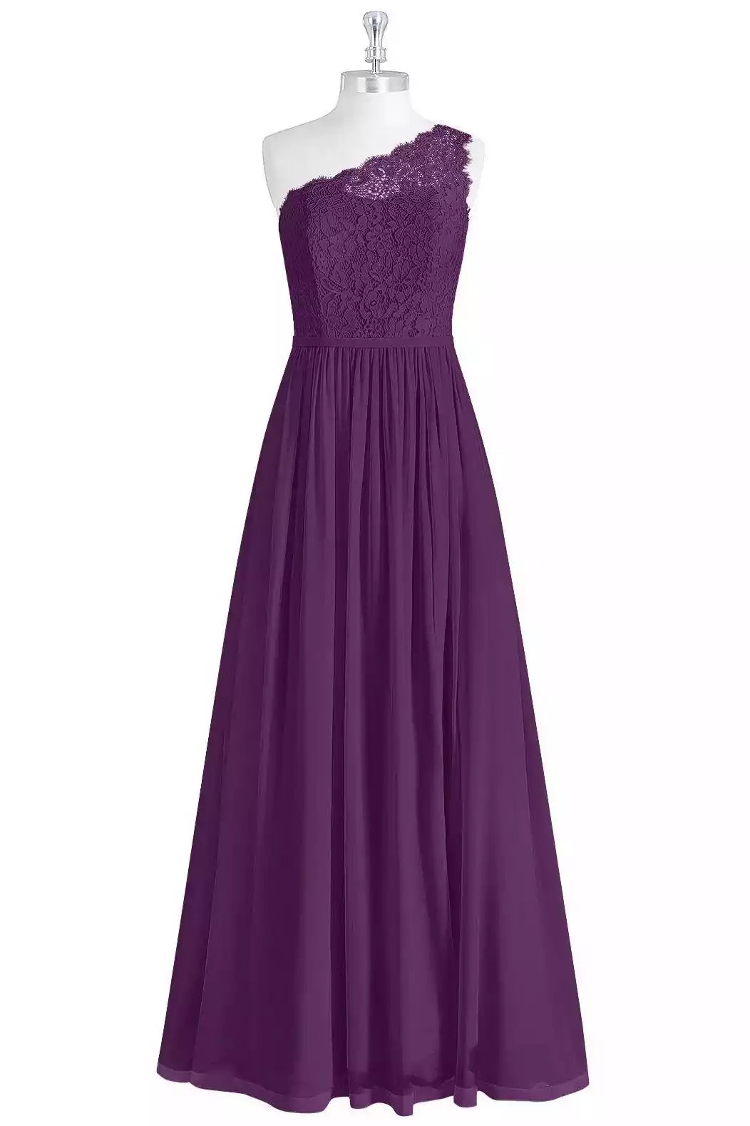 Luxe Plum Chiffon Gown with One-Shoulder Lace Bodice