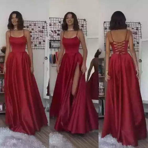Luxe Red Satin Gown with Spaghetti Straps & Lace-Up Back High Slit