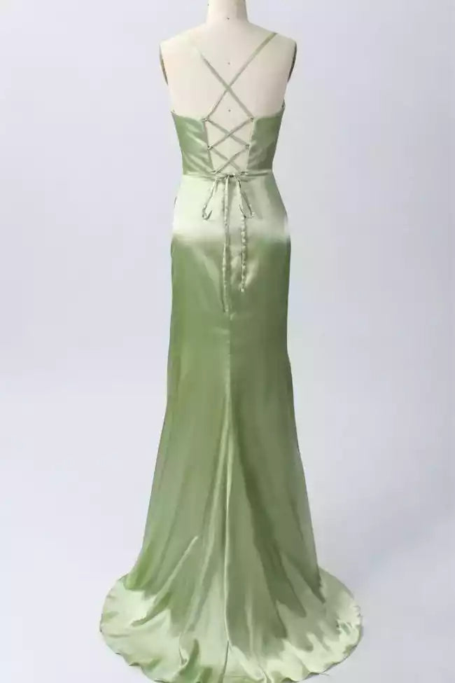 Luxe Sage Green Satin Gown with Crisscross Back & High-Slit Skirt