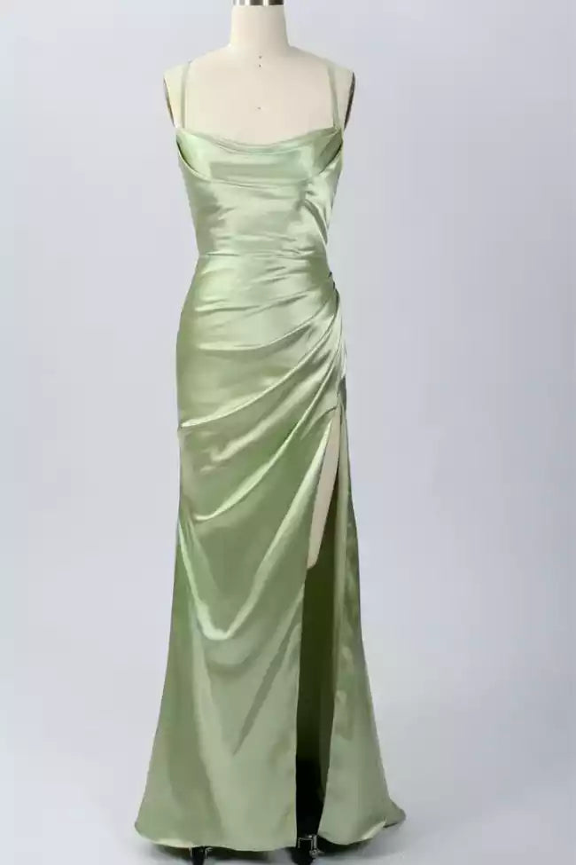 Luxe Sage Green Satin Gown with Crisscross Back & High-Slit Skirt