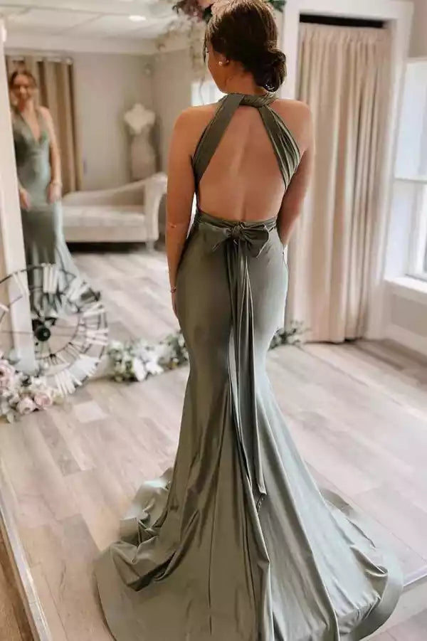 Luxe Sage Green Satin Gown with Halter Cut-Out Back & Mermaid Train