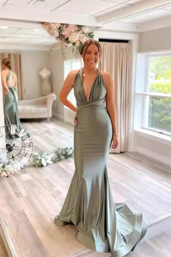 Luxe Sage Green Satin Gown with Halter Cut-Out Back & Mermaid Train