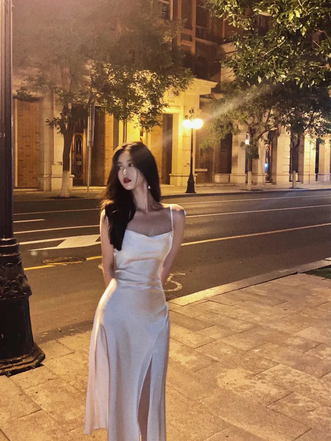 Luxe Satin Square Neck Spaghetti Strap High Slit Gown