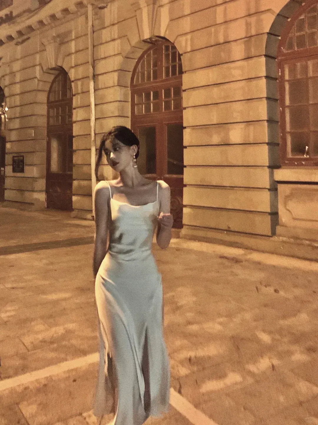 Luxe Satin Square Neck Spaghetti Strap High Slit Gown