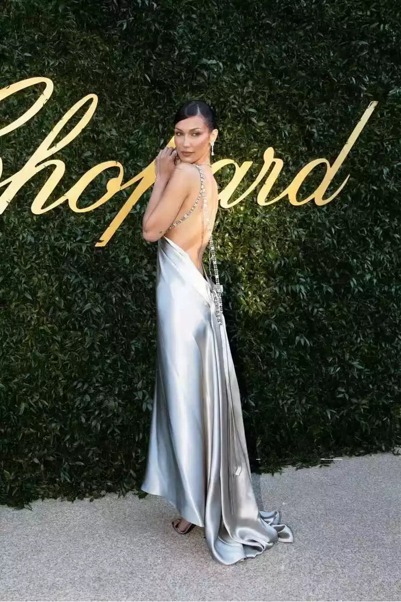 Luxe Silver Satin Gown with Plunging V-Neck & Crystal-Embellished Open Back