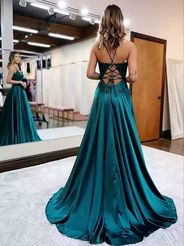 Luxe Teal Satin Gown with Beaded Bodice & Cross-Back Lace-Up High Slit