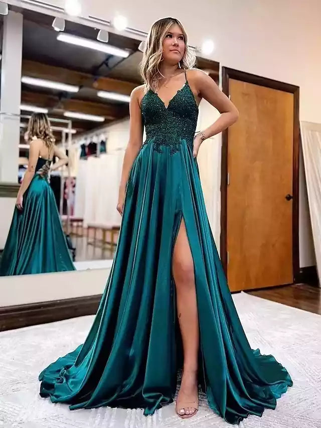 Luxe Teal Satin Gown with Beaded Bodice & Cross-Back Lace-Up High Slit