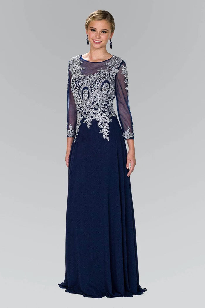 Luxurious A-Line Boat-Neck Three-Quarter-Sleeve Sheer-Back Navy Beaded-Lace Floor-Length Mother of the Bride Dresses