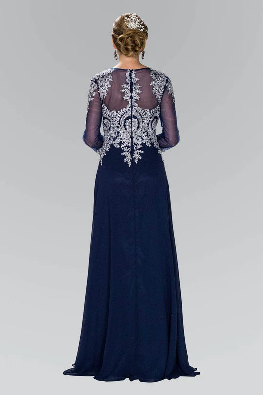 Luxurious A-Line Boat-Neck Three-Quarter-Sleeve Sheer-Back Navy Beaded-Lace Floor-Length Mother of the Bride Dresses