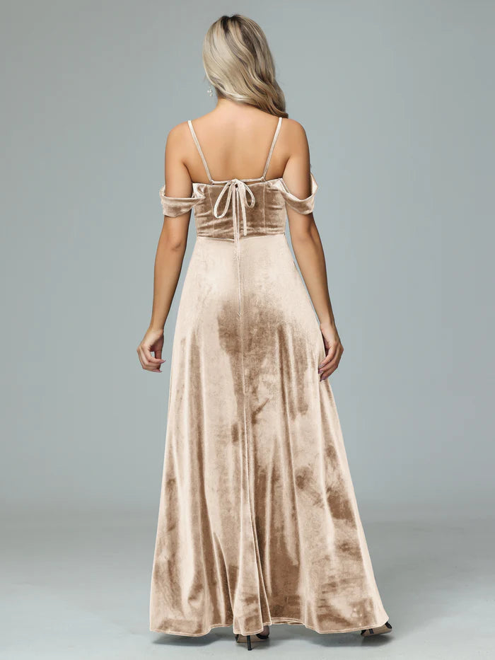 Luxurious A-Line Cold-Shoulder Spaghetti-Strap Tie-Back Velvet Floor-Length Bridesmaid Dresses
