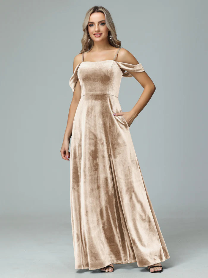 Luxurious A-Line Cold-Shoulder Spaghetti-Strap Tie-Back Velvet Floor-Length Bridesmaid Dresses