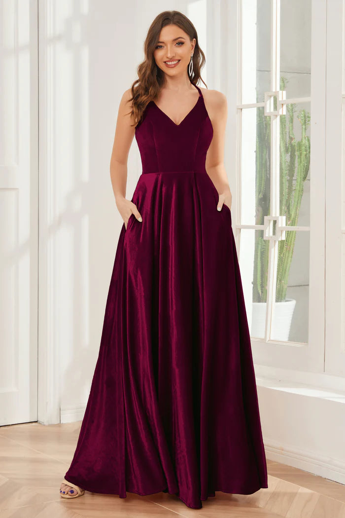 Luxurious A-Line Deep V-Neck Halter-Tie Open-Back Burgundy Satin Floor-Length Bridesmaid Dresses