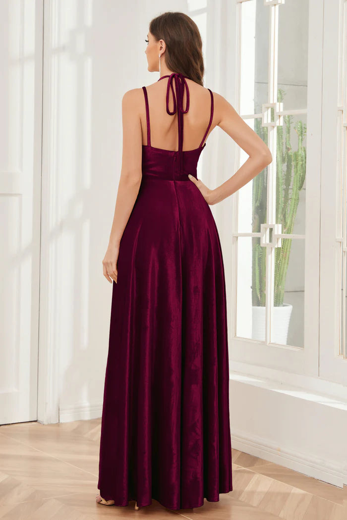 Luxurious A-Line Deep V-Neck Halter-Tie Open-Back Burgundy Satin Floor-Length Bridesmaid Dresses