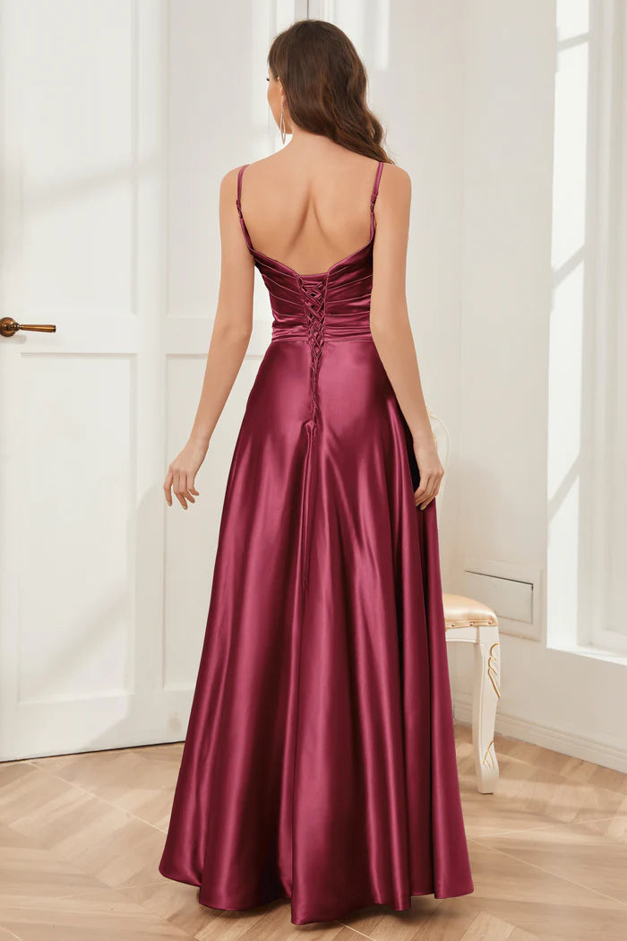 Luxurious A-Line Deep V-Neck Spaghetti-Strap Lace-Up-Back Burgundy Satin Floor-Length Bridesmaid Dresses