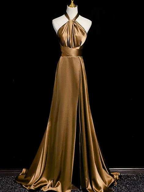 Luxurious A-Line Halter-Neck Satin Bow-Back Train Length Evening Dresses