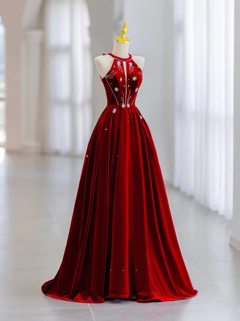Luxurious A-Line Halter-Neck Velvet Crystal-Accent Bow-Back Train Length Evening Dresses
