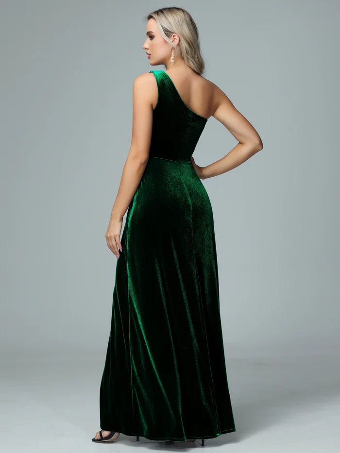 Luxurious A-Line One-Shoulder Sleeveless Zipper-Back Velvet Floor-Length Bridesmaid Dresses