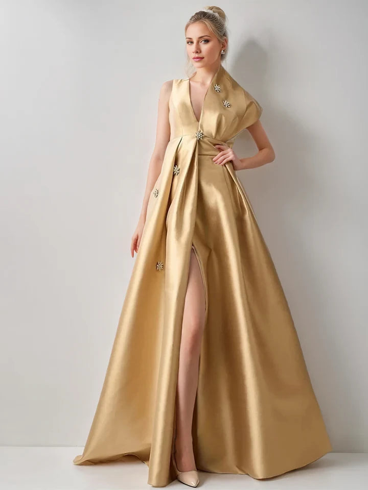 Luxurious A - Line Plunge Neck One - Shoulder Zipper Back Long Length Prom Dresses