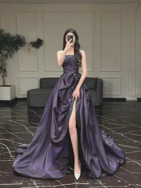 Luxurious A-Line Strapless Satin Ruched-High-Slit Train Length Evening Dresses