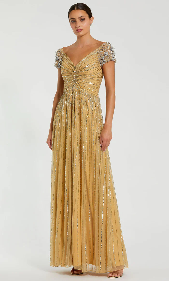 Luxurious A-Line V-Neck Beaded-Cap-Sleeve-Zip-Back Gold Tulle Floor-Length Mother of the Bride Dresses