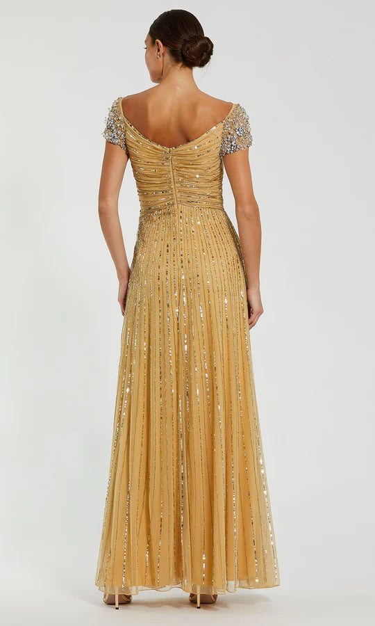 Luxurious A-Line V-Neck Beaded-Cap-Sleeve-Zip-Back Gold Tulle Floor-Length Mother of the Bride Dresses