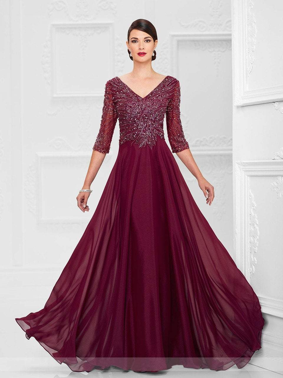 Luxurious A-Line V-Neck Three-Quarter-Sleeve Sheer-Back Burgundy Beaded-Chiffon Floor-Length Mother of the Bride Dresses