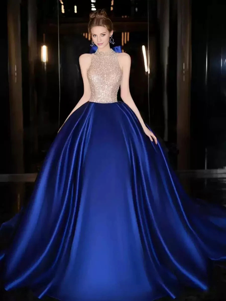Luxurious Ball Gown High - Neck Sleeveless Open Back Long Length Prom Dresses