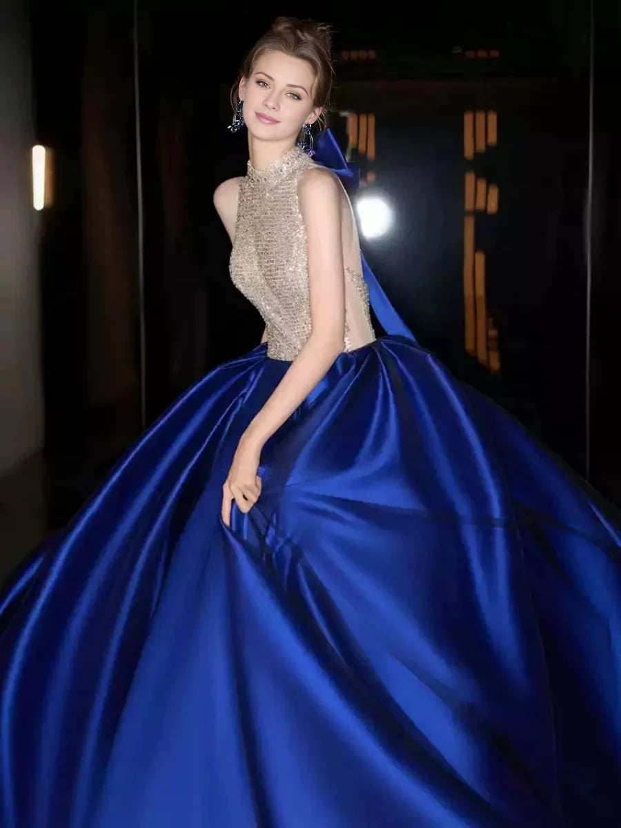 Luxurious Ball Gown High - Neck Sleeveless Open Back Long Length Prom Dresses
