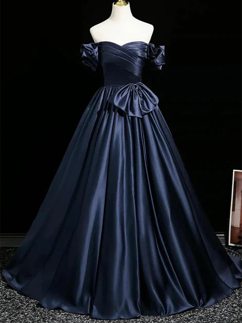 Luxurious Ballgown Off-Shoulder Ruffled-Sleeve Satin Bow-Accent Pearl-Button Back Train Length Evening Dresses