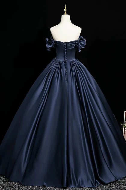 Luxurious Ballgown Off-Shoulder Ruffled-Sleeve Satin Bow-Accent Pearl-Button Back Train Length Evening Dresses