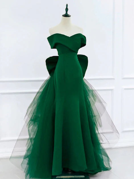 Luxurious Ballgown Off-Shoulder Satin-Tulle Oversized-Bow Lace-Up Back Train Length Evening Dresses