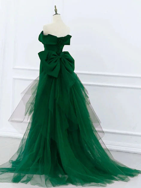 Luxurious Ballgown Off-Shoulder Satin-Tulle Oversized-Bow Lace-Up Back Train Length Evening Dresses