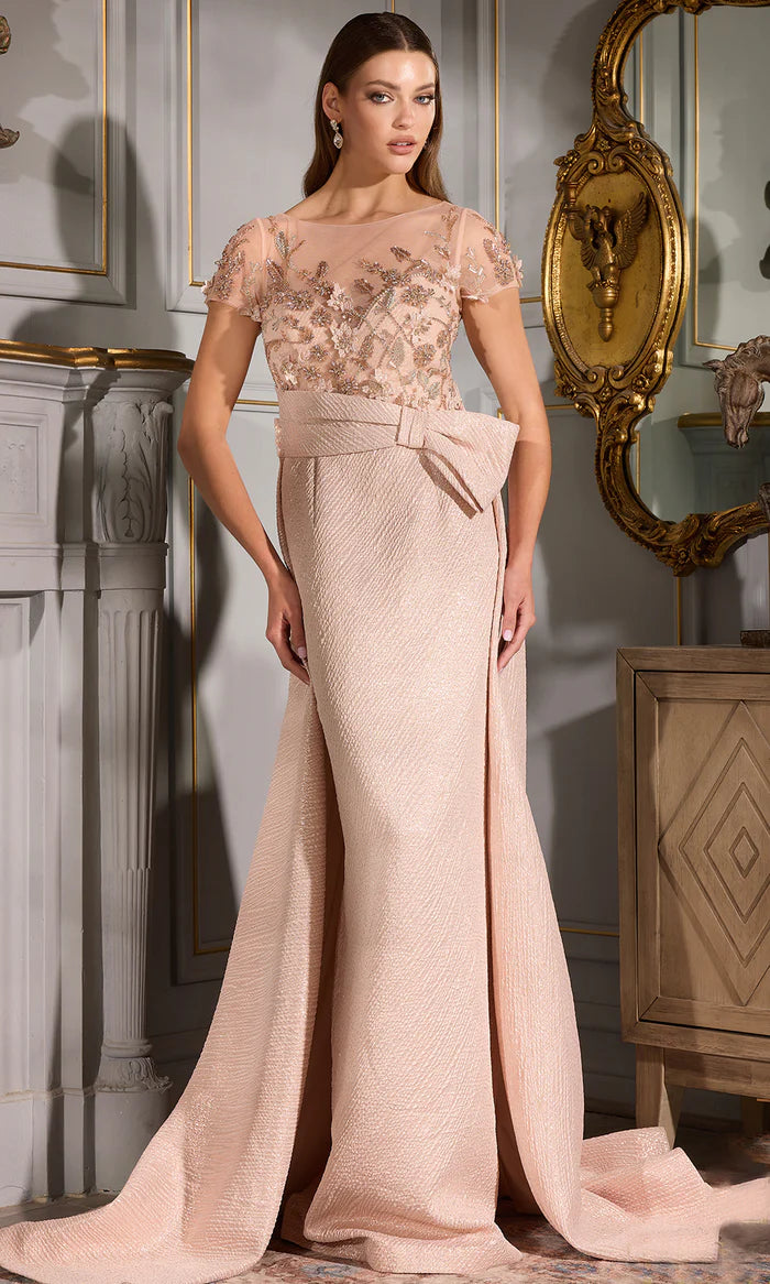 Luxurious Ballgown Scoop-Neck Cap-Lace-Sleeve-Zip-Back Blush Textured Satin Floor-Length Mother of the Bride Dresses