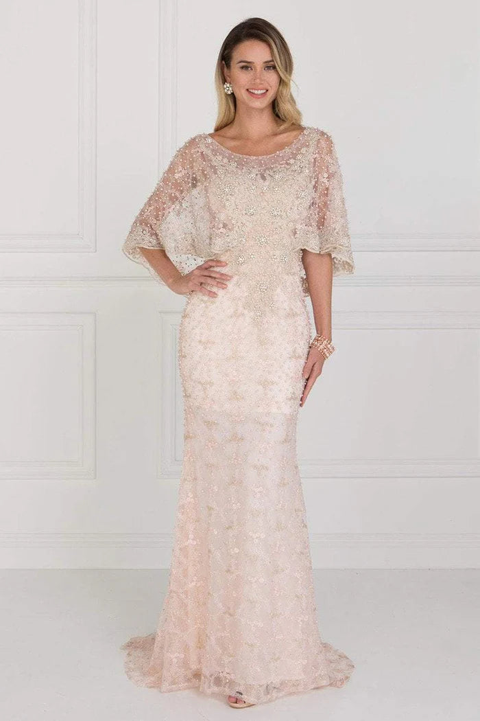 Luxurious Mermaid Boat-Neck Cape-Sleeve Sheer-Back Blush Beaded-Tulle Floor-Length Mother of the Bride Dresses