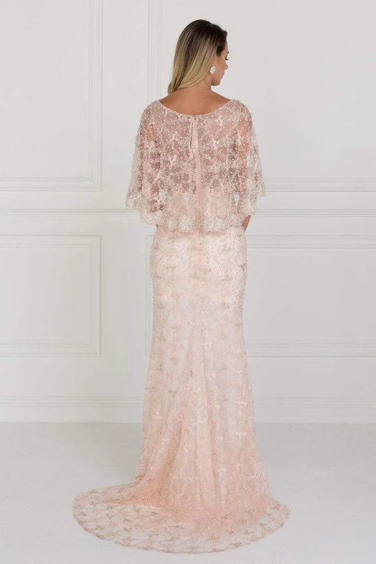 Luxurious Mermaid Boat-Neck Cape-Sleeve Sheer-Back Blush Beaded-Tulle Floor-Length Mother of the Bride Dresses