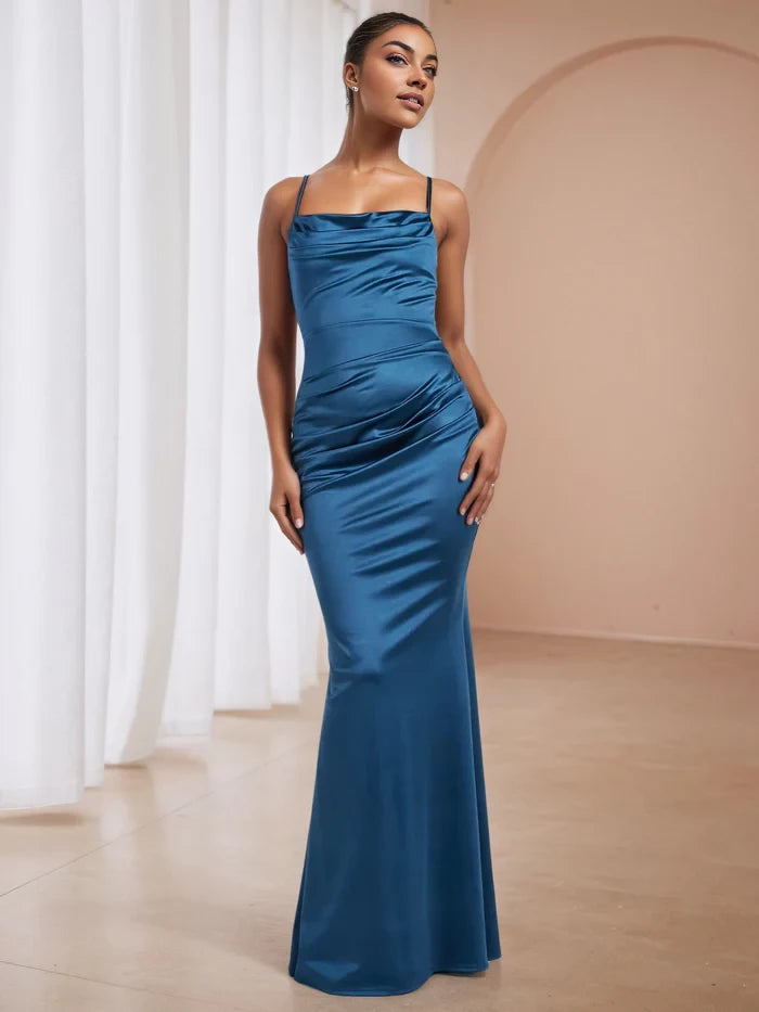 Luxurious Mermaid Cowl Neck Spaghetti Strap Criss - Cross Back Long Length Prom Dresses