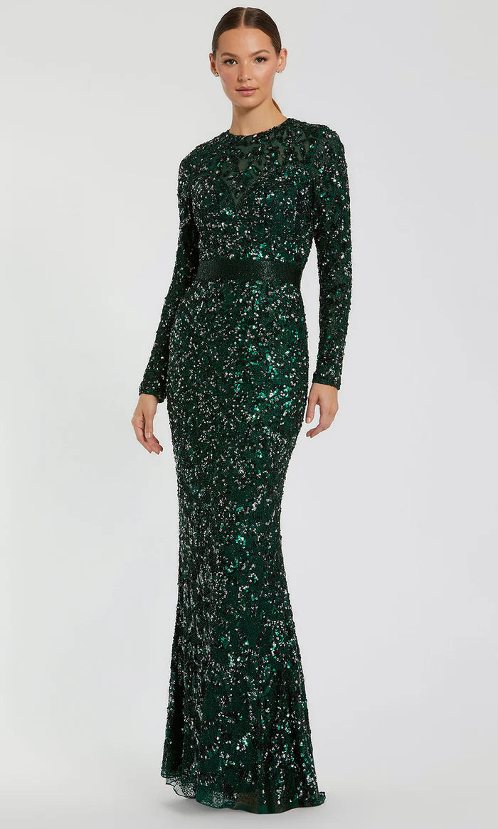 Luxurious Mermaid Crew-Neck Long-Sleeve-Zip-Back Emerald Sequin Floor-Length Mother of the Bride Dresses