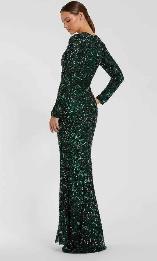 Luxurious Mermaid Crew-Neck Long-Sleeve-Zip-Back Emerald Sequin Floor-Length Mother of the Bride Dresses