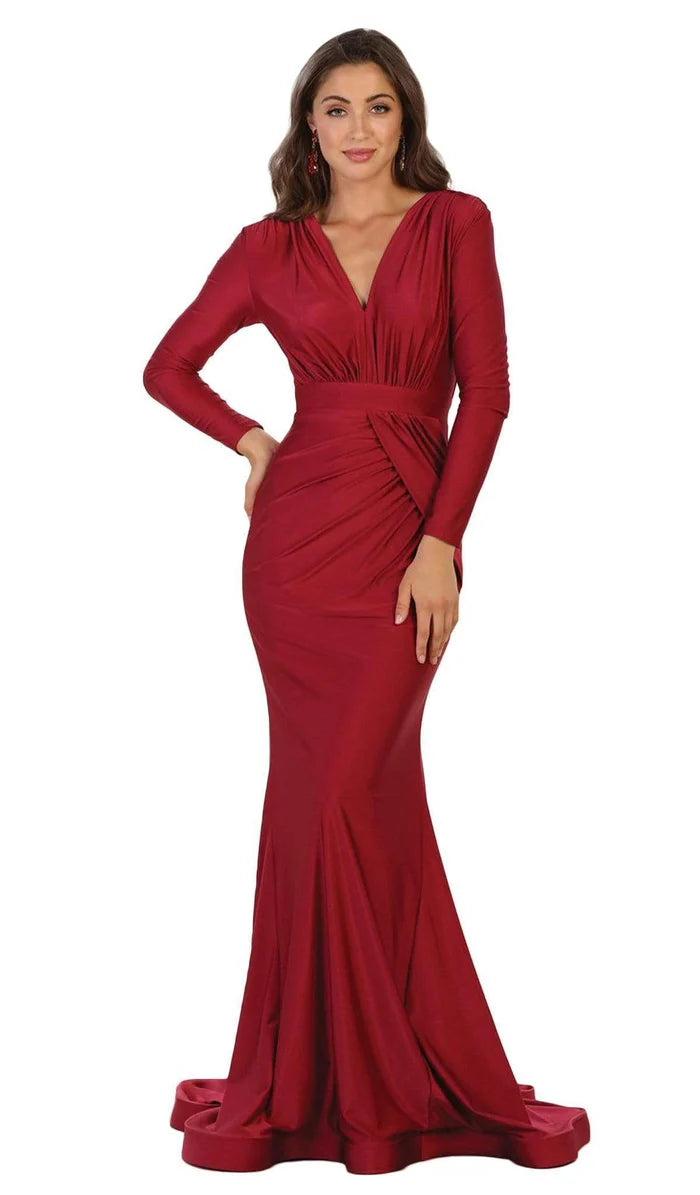 Luxurious Mermaid Deep-V-Neck Long-Sleeve Keyhole-Back Burgundy Satin Train-Length Mother of the Bride Dresses