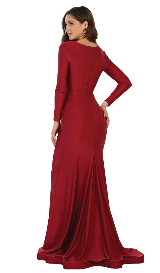 Luxurious Mermaid Deep-V-Neck Long-Sleeve Keyhole-Back Burgundy Satin Train-Length Mother of the Bride Dresses